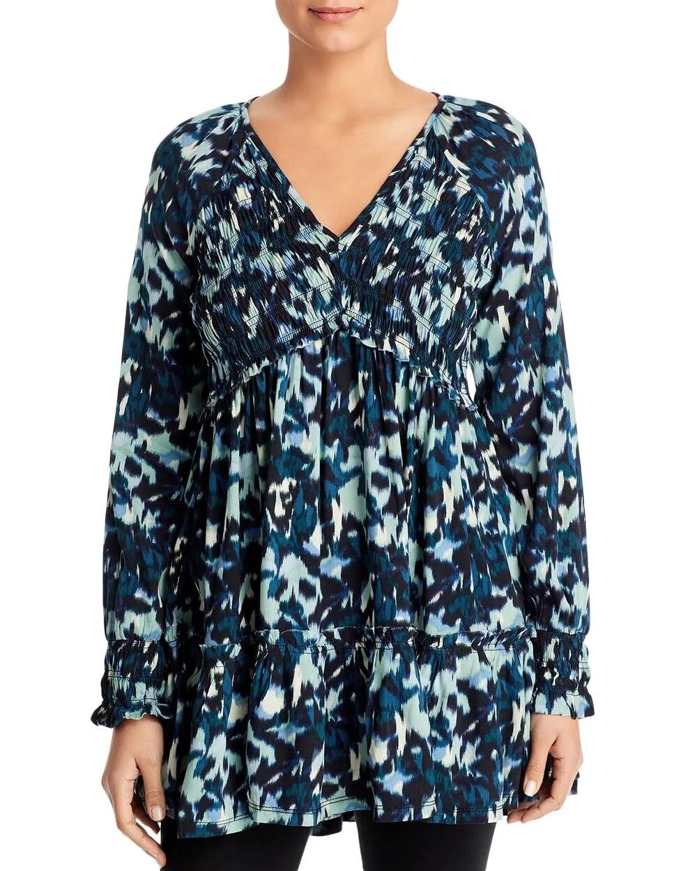 BeachLunchLounge Talia Blue Smocked Tunic Blouse - Size Small - Long Sleeves